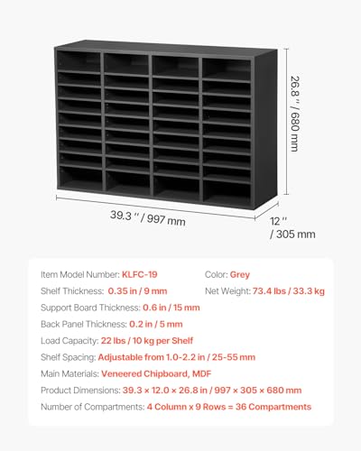 VEVOR Literature Organizer, 36 Compartments Office Mailbox with Adjustable Shelves, Wooden Mailbox Sorter Medium Density Fiberboard Office Home Classroom Storage for Files, Documents, Papers, Grey - color: Grey, size: 36 Compartments