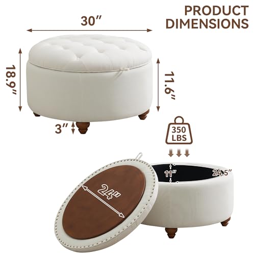 WUTUTUEE 30Inch Round Storage Ottoman with Tray, Modern Tufted Fabric Circle Coffee Table with Storage, Upholstered Ottoman with Removable Top for Living Room, Bedroom, Beige - color: Beige, size: 30 Inch