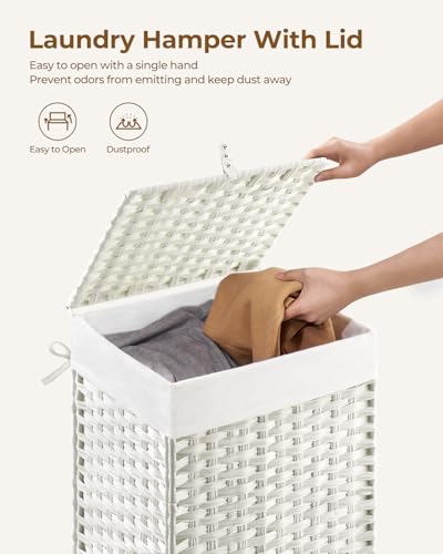 Greenstell Laundry Hamper with Lid, 60L Clothes Hamper with 2 Removable Liner Bags & 2 Mesh Bags, Handwoven Synthetic Rattan Basket, Toys in Bathroom, Bedroom White - color: White, size: 60L (13.4 x 13.4 x 21.7 inches)