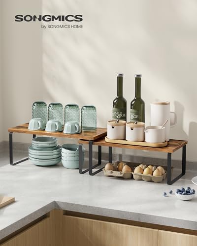 SONGMICS Cabinet Organizer Shelf, Set of 4 Kitchen Counter Shelves, Kitchen Storage, Spice Rack, Stackable, Expandable, Metal and Engineered Wood, Ink Black and Rustic Brown UKCS022X01 - color: Ink Black + Rustic Brown, size: 15.6"W
