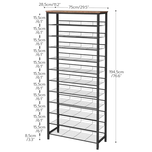 HOOBRO Shoe Rack for Entryway, 12-Tier Shoe Storage Organizer, Large Capacity for 33-36 Pairs of Shoes, Standing Shoe Shelf, Closet, Hallway, Adjustable Mesh Shelves, Rustic Brown and Black BF51XJ01