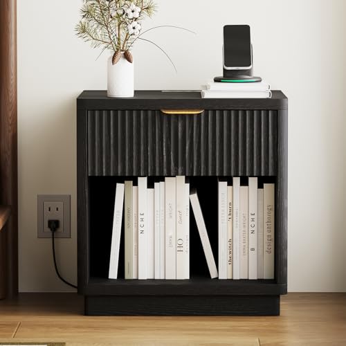 Fluted Nightstand with Charging Station, 22.8Inch Wide Bedside Table End Table with Drawer, Curved Corners, Modern Bedside Table for Bedroom, Living Room, Sofa, Black - color: Rectangle - Black