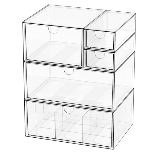 Desk Organizer Set, Clear Stackable Dustproof Storage Boxes for Desktop, Office, DIY Craft & Vertical Space Saving, Perfect for Makeup, Stationery, Jewelry Organization (5 Drawer) - size: 5 drawer clear