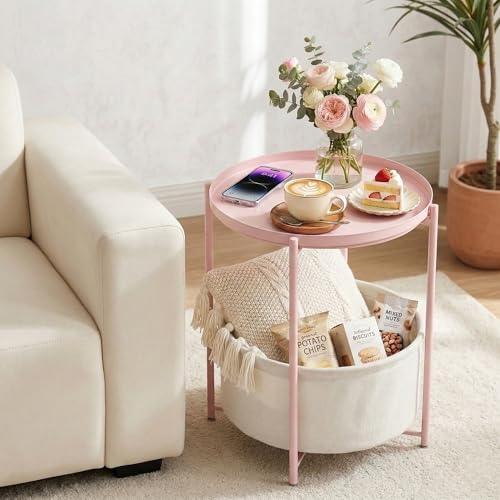 danpinera Round Side Table with Fabric Storage Basket, Metal Side Table Small Bedside Nightstand with Removable Tray Top for Living Room, Bedroom, Nursery, Laundry, Light Pink - color: Light Pink