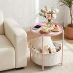 danpinera Round Side Table with Fabric Storage Basket, Metal Side Table Small Bedside Nightstand with Removable Tray Top for Living Room, Bedroom, Nursery, Laundry, Light Pink - color: Light Pink