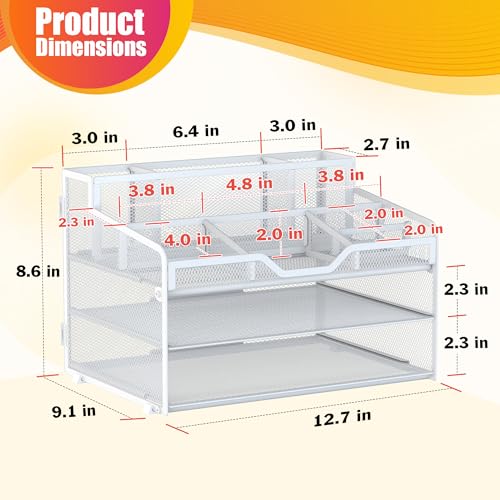 Docnest 3 Tier Mesh Desk Organizer for Paper Office Supplies – Multi-Functional Letter Tray with 5 Adjustable Compartments, 3 Pen Holders, Desktop Storage for Files, Mail, Stationery – White - color: White, size: 12.7" x 9.1" x 8.6"