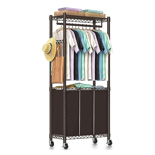 Hodonas 3-Section Laundry Sorter With Hanging Bar, Rolling Hamper Cart, Basket Organizer, Hanging Rack, Lockable Wheels and Removable Bags for Clothes Storage, Espresso - color: Espresso