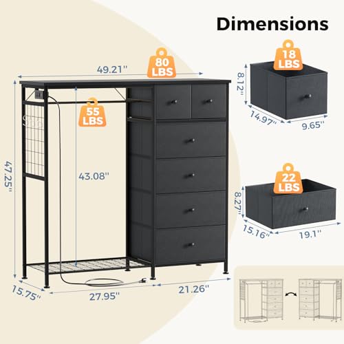 DUMOS Dresser for Bedroom with Hanging Rack, 6 Drawer Fabric Dresser with Charging Station and LED Lights, Closet Organizer & Storage Tower for Living Room, Entryway, Apartment, Grey - color: Grey, size: 15.8"D x 47.2"W x 49.2"H (6 Drawers)