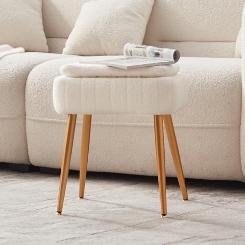 Updated Vanity Chair, Storage Ottoman with Folding Back & Gold-Toned Metal Legs, Ottoman Seat with Teddy Velvet for Dressing Room Living Room Bedroom, 16" x 12.5" Inch - color: White, size: 16" x 12.5"