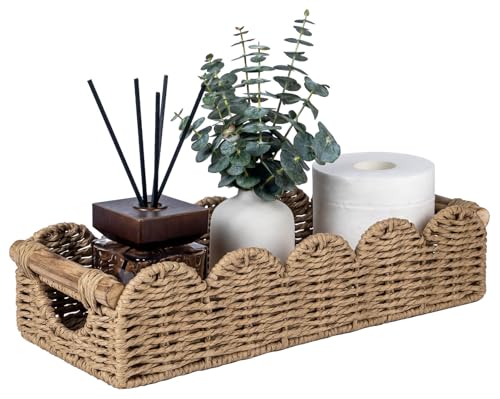 CubesLand Bathroom Basket Organizer w/Cut Out Handle, Back of Toilet Paper Storage Baskets Tray for Bathroom Countertop Decorative, Scalloped Wicker Basket Also for Home Decor, Living Room, Neutral - color: Neutral