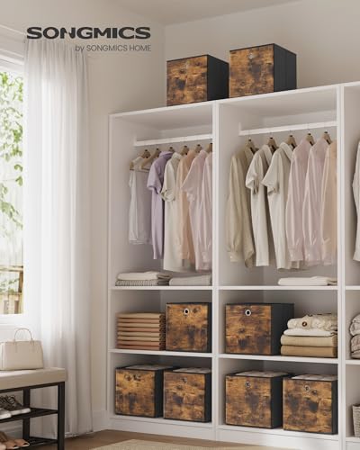 SONGMICS Storage Cubes, Set of 8 Storage Bins, Foldable Fabric Storage Boxes, 11.8 x 11.8 x 11.8 Inches, Fit Cube Storage Unit, for Clothes, Bedroom, Living Room, Rustic Brown and Ink Black URFB830B01 - color: Rustic Brown, size: 8 Pack (11.8"L x 11.8"W x