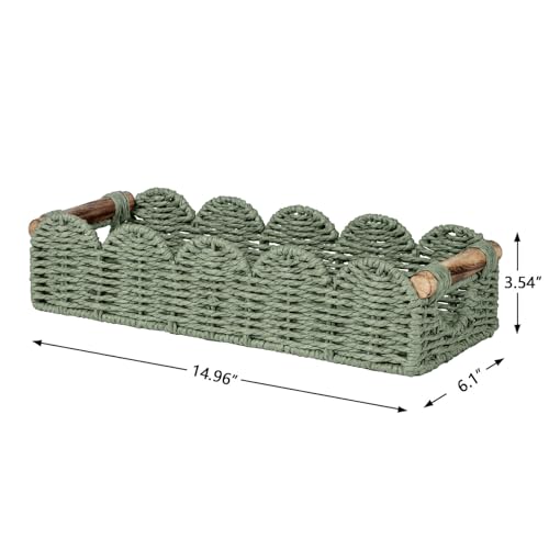 CubesLand Bathroom Basket Organizer w/Cut Out Handle, Back of Toilet Paper Storage Baskets Tray for Bathroom Countertop Decorative, Scalloped Wicker Basket Also for Home Decor, Living Room, Green - color: Green