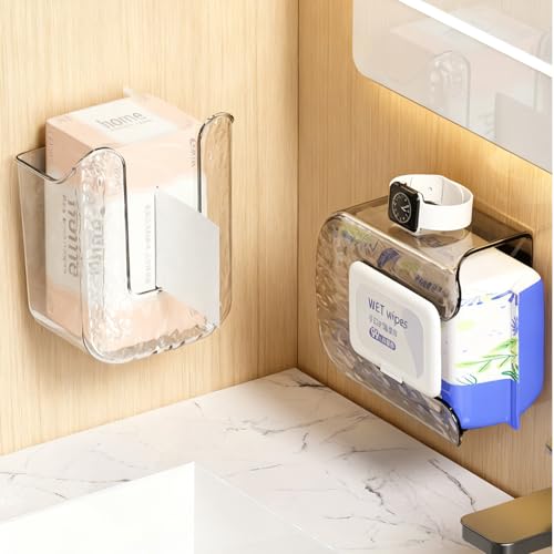 Wall Mounted Tissue Box Holder, Clear Plastic Storage Organizer for Bathroom Kitchen Toilet, No Drill Installation