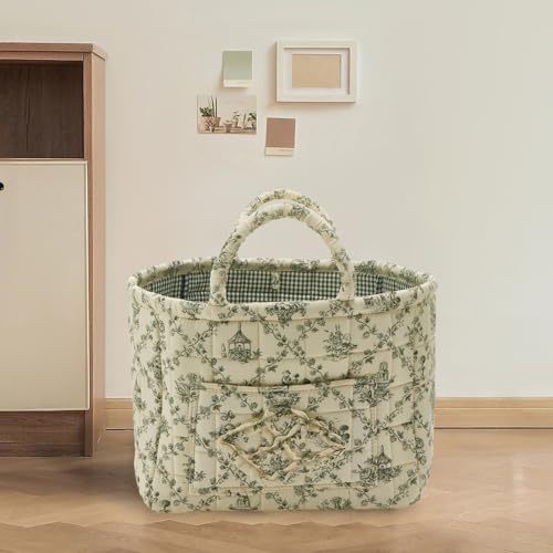 Quilted Fabric Storage Basket with Handles & Pocket, Foldable Laundry Hamper Boho Floral Print Organizer Bin for Home, Picnic, Office 12"x10"x10" (B-2) - color: B-2