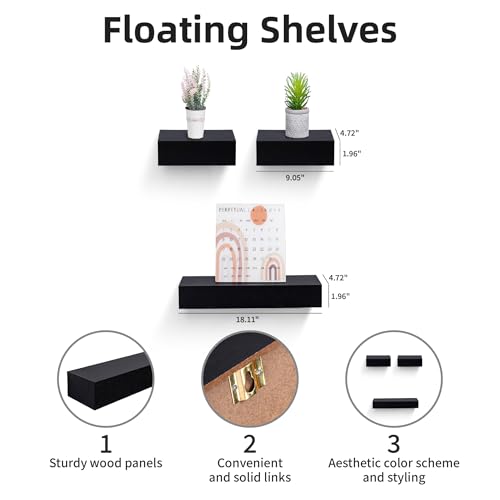 Floating Wall Shelves Set of 3 – MDF Wood Wall Mounted Shelf for Living Room, Bedroom, Bathroom, Office – Decorative Storage Racks for Plants, Photos, Books (Black, Medium Set) - color: Black, size: Medium Set