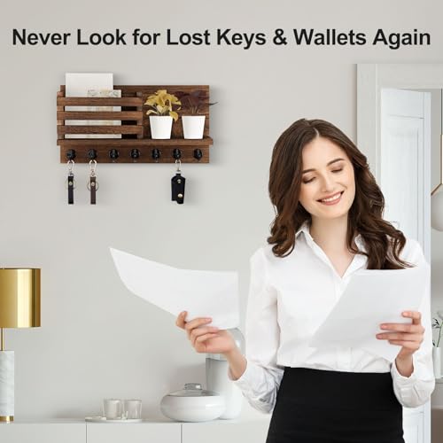 Lwenki Key Holder for Wall – Decorative Wooden Mail Holder and Key Shelf with Mounting Hardware, Installation Guide – Paulownia Wood with Metal Key Hooks (Brown, Extra Large - 15.6inch) - color: Brown, size: Extra Large - 15.6inch