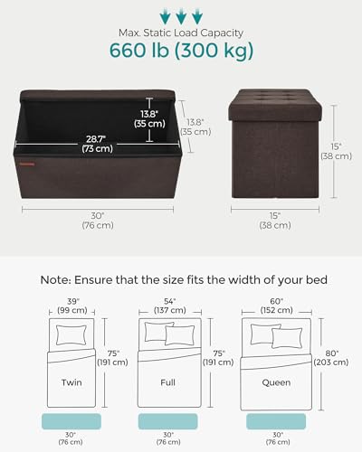SONGMICS Mazie Collection - 30 Inches Folding Storage Ottoman Bench, Ottoman Foot Rest, End of Bed Bench, Storage Chest, Load 660 lb, for Living Room, Bedroom, Entryway, Brown ULSF047K02 - color: Brown, size: 15"D x 30"W x 15"H