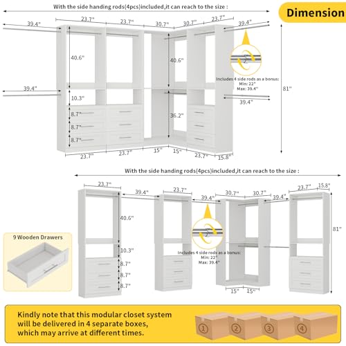 Closet System with 9 Drawers, Corner Closet Organizer System with 9 Hanging Rods Walk in Wooden Modular Closet Storage System L-Shaped 4 Sets, 2800+ Lbs Capacity White - color: Cl07090909