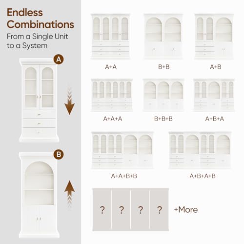 71" Modern Tall Bookcase and Bookshelf, Modern Storage Combination for Home Office or Study,and Living Room with Glass Door and Open Shelf Cabinets, White with Gold Handles, 4 of Set