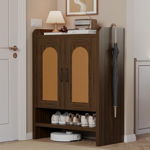 Mericonia 6-Tier Shoe Cabinet Storage for Entryway, Rattan Shoes Organizer Cabinets with Doors, Wooden Shoe Rack, Farmhouse Boho Wood Storage Cabinet (Walnut, 6-Tier) - color: Walnut, size: 6-tier