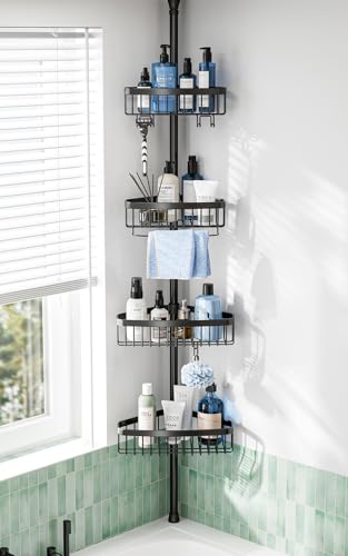 Corner Shower Caddy Tension Pole: Adjustable Rustproof 4-Tier Inside Bathroom Organizer - 47-121 inch Quick Installation Bathtub Shelves for Shampoo Storage - Rod Floor Standing Bath Rack - Black - color: Black