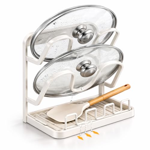 NUOREEL Kitchen Pot Lid Organizer, Extra-Wide Kitchen Pot Lid Storage Rack for Bigger Lids, Heavy-Duty Carbon Steel Frame with Reinforced ABS Base, Fits 30–32cm Lid (White) - color: White