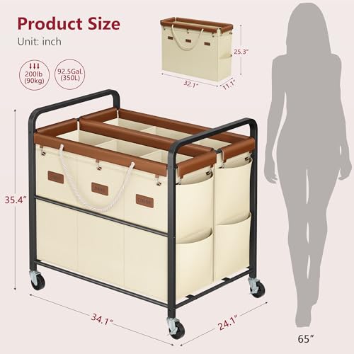 Tajsoon 350L Extra Large Laundry Hamper 6 Section, Heavy Duty Laundry Cart with Wheels, Commercial Laundry Sorter with Sturdy Metal Frame, Removable Bags & Leather Patchwork, Beige - color: Beige, size: 6 Bag 350L