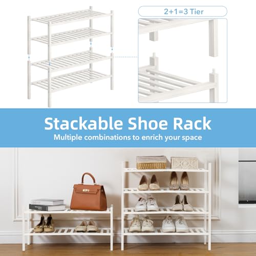 4 Tier Bamboo Shoe Rack Storage Organizer for Closet, Multifunctional Stackable Free Standing Shoe Shelf Organizer for Small Space,Entryway, Hallway, Bathroom27 x11 x26(White, 4 Tier) - color: White, size: 4 Tier