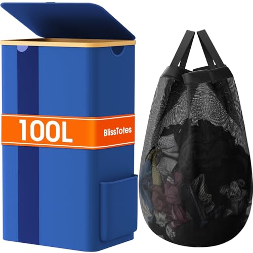 BlissTotes 100L Bamboo Laundry Hamper with Lid, Breathable Mesh Bag & Window, Portable, Moisture Resistant, Blue - color: Blue, size: 100L