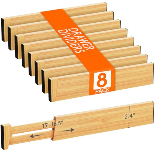 Lifewit 2.4" High 8 Pack Bamboo Drawer Dividers 33-42cm/13-16.5" Adjustable Wooden Drawer Organizer for Clothes/Utensils, Expandable Drawer Separator for Dresser/Kitchen/Bedroom/Office Organization - size: 2.4"H, 13-16.5"L