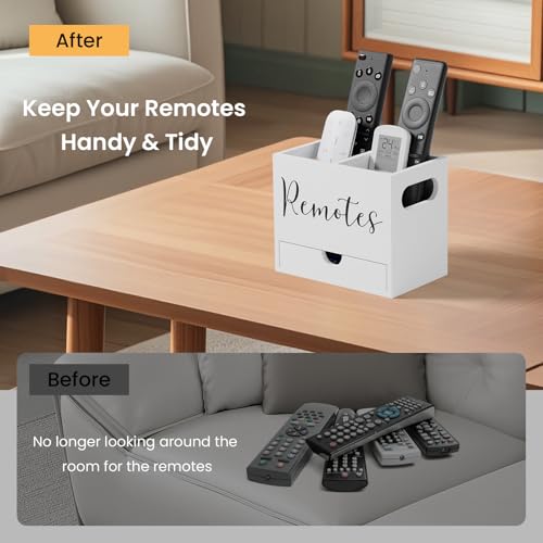 Remote Control Holder, TV Remote Holder with Drawer, Wood Remote Control Organizer for Table, Media Storage Box for Nightstand, Living Room (White,2 Slots) - color: White - 2 slot