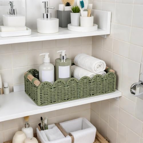 CubesLand Toilet Paper Storage Basket Scalloped Edge Home Decor Green Basket, Living Room Cozy Decor, Paper Rope Small Baskets for Over Toilet Storage Shelf, End Table, Shelves, with 2 Wooden Handles - color: Green, size: M - 14"L x 6.3"W x 3.9"H