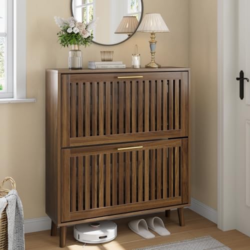 Smart FENDEE 31.5" W Shoe Cabinet Storage for Entryway with 2 Flip Drawers, Shoe Cabinet with Slatted Panel, Hidden Shoe Rack Freestanding Slim Shoes Organizer for Hallway, Entrance, Walnut - color: Walnut, size: 31.5" W