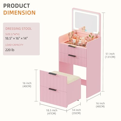 Gurexl Fluted Small Vanity Desk with Mirror and Lights, 3-in-1 Compact Makeup Vanity Set with Hidden Storage Stool, Mini Dressing Table with 3 Drawers for Little Girls (Pink) - color: Pink