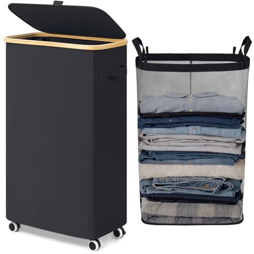 Goodpick Slim Laundry Basket with Wheels and Lid, 75L Rolling Laundry Hamper for Dorm Home Decor, Large Clothes Hamper with Bamboo Frame Removable Bag, Black, 17" x 9.8" x 29.5" - color: Black, size: 75L (17"L x 9.8"W x 29.5"H)