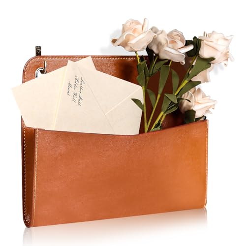 Wall Mount Brown PU Leather Letter Holder PU Leather Mail Holder Vintage Wall File Organizer 2 Ring Binder Hanging File Holder for Office Home Decor Storage Letter Postcards Bill Flowers - color: Brown
