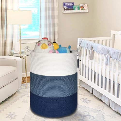 COMSE Extra Large Blanket Basket, Tall Woven Storage Basket, Nursery Hamper, 15.7”x 21.7”, Cotton Rope Laundry Hamper for Toys Clothes Towels, White/Cadet Blue/Navy Blue - color: White & Cadet Blue & Navy Blue