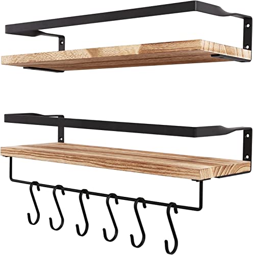 Uten Floating Shelves, Wall Shelf Outdoor, 42x15x8 cm, Shelving Unit for Wall, Towel Holder 6 Hooks, Kitchen Spice Rack, Storage Organiser Shelf for Bedroom, Bathroom, Living Room, Office - color: Light Brown