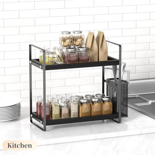LEMIKKLE Bathroom Organizer Countertop, Counter Organizer for Bathroom Decor, Wooden Sink Shelf for Vanity Storage, Makeup Tray for Perfume Skincare Bedroom Kitchen Corner (Black) - color: Black