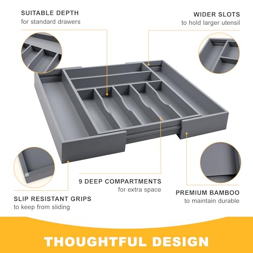 Large Premium Bamboo Silverware Organizer - Expandable Drawer Organizer & Utensil Organizer - 17"x19.7" Cutlery Tray with Dividers for Kitchen Utensils and Flatware (7-9 Slots) (Grey) - color: Grey, size: 9 Slots Expandable