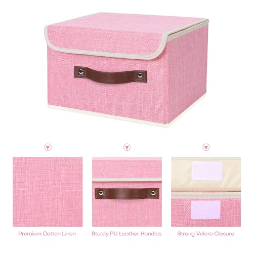 ANMINY Storage Bin with Lid Storage Boxes with PU Leather Handles PP Plastic Board Decorative Foldable Lidded Cotton Linen Fabric Home Cubes Baskets Closet Organizer Container - Pink, Small Size - color: Pink, size: Small (Pack of 1)