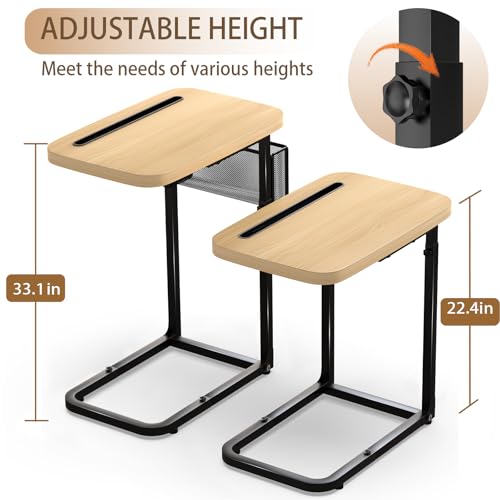 Fashion TV Tray Table with Large Tabletop, Adjustable Sofa Table with Storage Baskets, Strong Metal Frame, Tv Dinner Tray Table for TV Watching, Meals, Snacks (Square, Beige, 16.93inch x 12.6inch)
