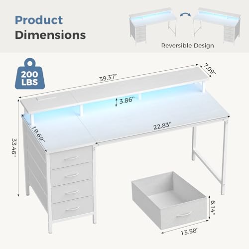 DUMOS 40 Inch Computer Desk with 4 Drawers,4 Drawer Gaming Desk with Power Outlets and LED Lights,Office Desk for Small Spaces with Monitor Shelf,Writing Desk for Home Office,Bedroom, Study,White - color: White, size: 40 Inches