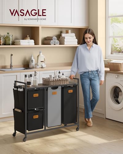 VASAGLE Laundry Hamper with 4 Compartments, 39.6 Gal. (150 L) Laundry Sorter, Rolling Laundry Cart with Shelves, Small Side Pockets, 6 Labels, Chestnut Brown, Ink Black and Dove Gray UBLH203B01 - color: Chestnut Brown + Ink Black + Dove Gray, size: 4 Bags