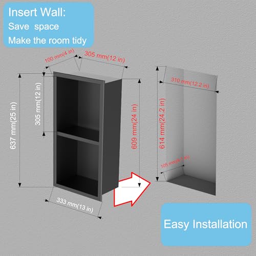 No Tile Needed Shower Niche for Bathroom Storage,Recessed Wall Niche,Double Shelves,Stainless Steel(Black, 24 * 12 in) - color: Black, size: 24 * 12 in