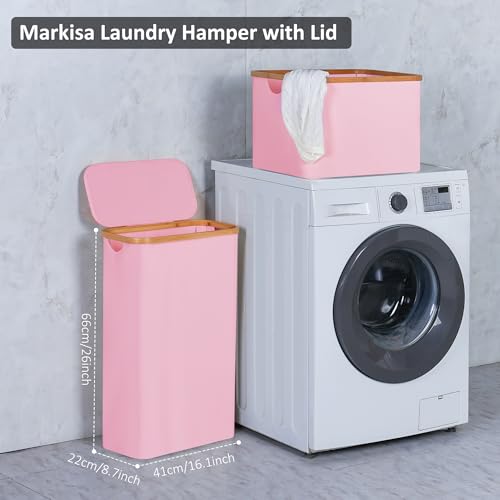 Slim Laundry Basket,60L Laundry Hamper with Lid, Tall Hamper for Laundry,Dirty Cloth Hamper with Bamboo Handle for Toys,Towels, Clothes Organizing,Pink - color: Pink, size: 60L Slim