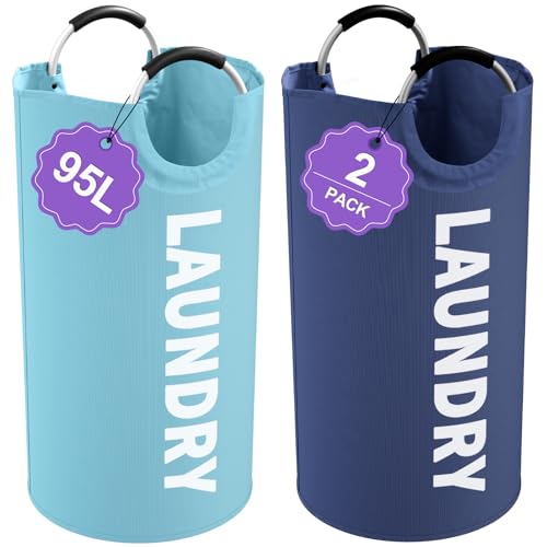 2Pcs Foldable Laundry Basket with Handles, 95L Large Clothes Hampers for Men, Tall Laundry Bin Stand Up Well, Portable Storage Basket for Family, Flat, Blue + Navy Blue - color: Blue + Navy Blue, size: L-95L
