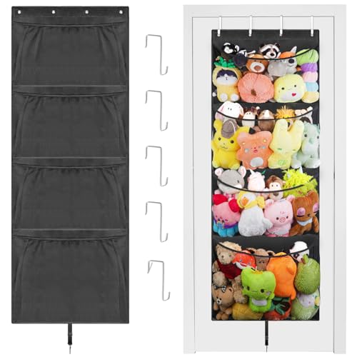 Woodoulogy Hanging Stuffed Animal Storage, Over Door Large Plush Toy Organizer with Metal Hook, Baby Accessory Holder Idea for Nursery, Doll & Bear Mesh Hammock Bag for Girl Boy Kid Room - color: Black