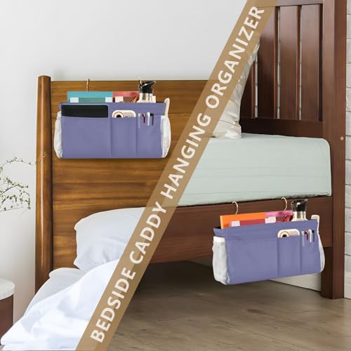 Purple Bedside Caddy Storage Bag Bedside Organizer for College Dorm Top Bunk Bed Hanging Storage Organizer 6 Pockets with Hooks for Book Glasses Phone Holder - color: Purple