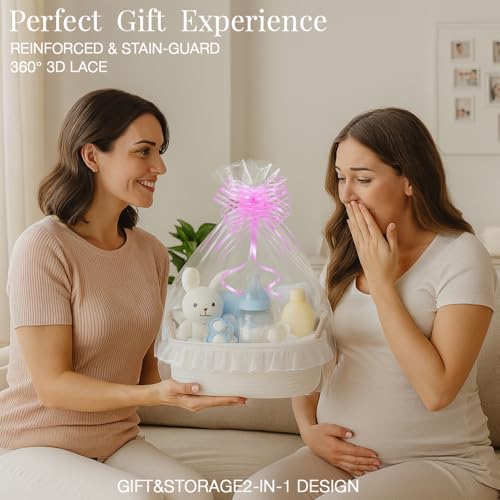 Cotton Rope Gift Basket with Handle– White Woven Storage Basket with Organza Lace, Decorative Bin for Baby Shower, Housewarming, Nursery, Toys, Towels, Baby Accessories, Easter, Holiday Gifts - color: white with handle & lace, size: Oval - 12"x8"x5"